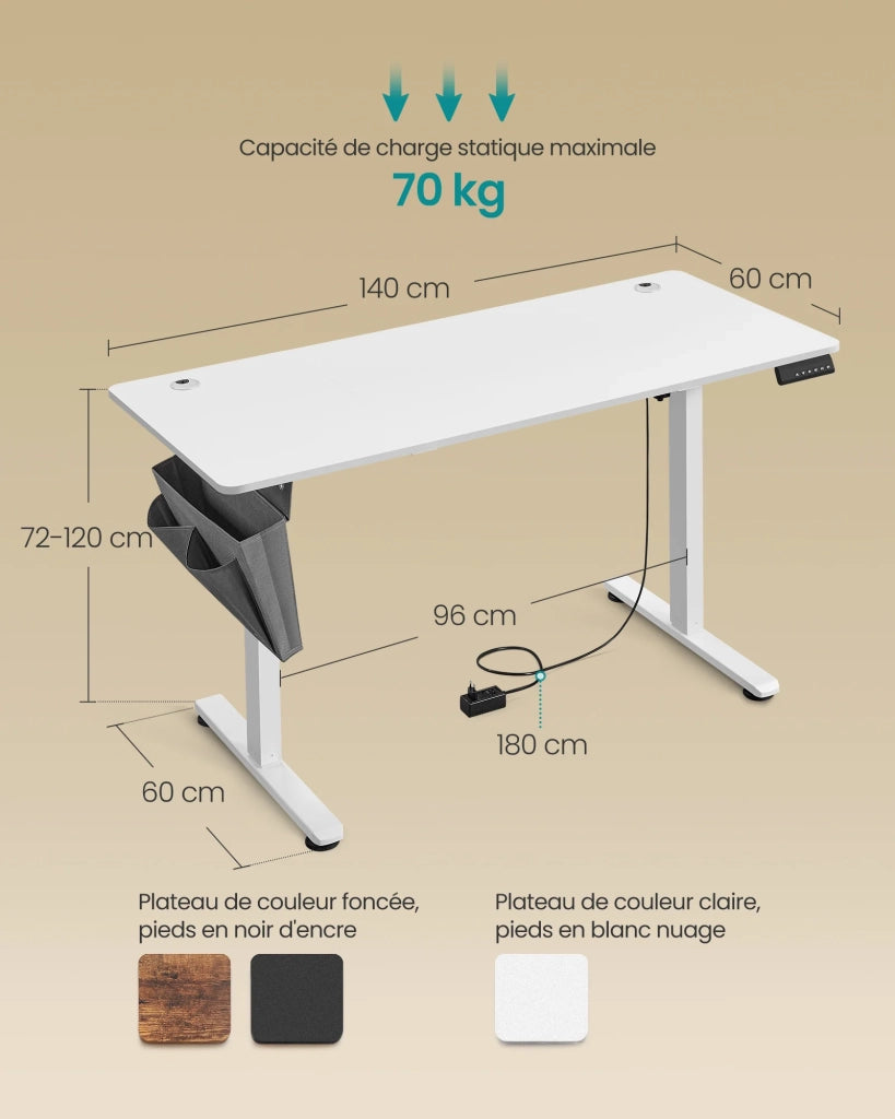 Scrivania elettrica regolabile in altezza 60 x 120 x (72-120) cm 4 altezze di memoria tasca portaoggetti bianco nuvola 12_0004580