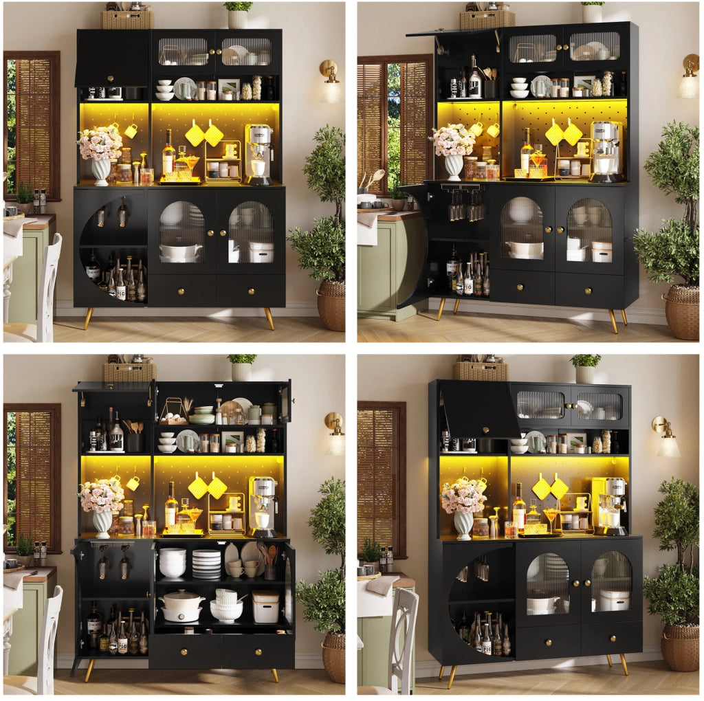 Mobile alto da cucina nero con LED, prese USB e portabottiglie