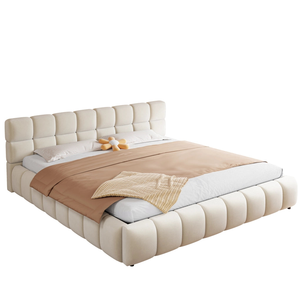 Letto imbottito matrimoniale 180x200 cm con contenitore idraulico, LED e tessuto effetto velluto beige