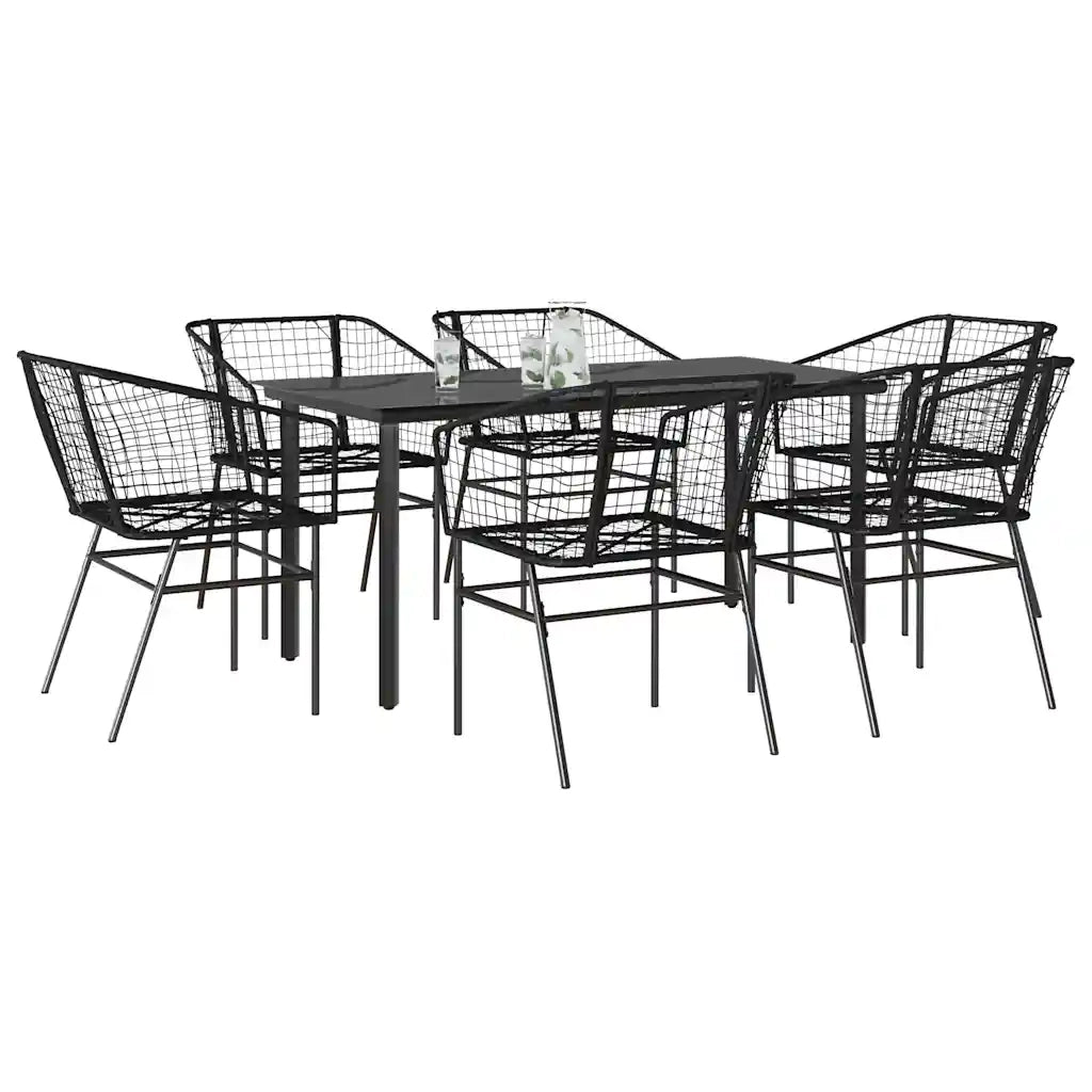 Set Pranzo da Giardino 7 pz | Set Salotto da Giardino Nero Polyrattan Vetro