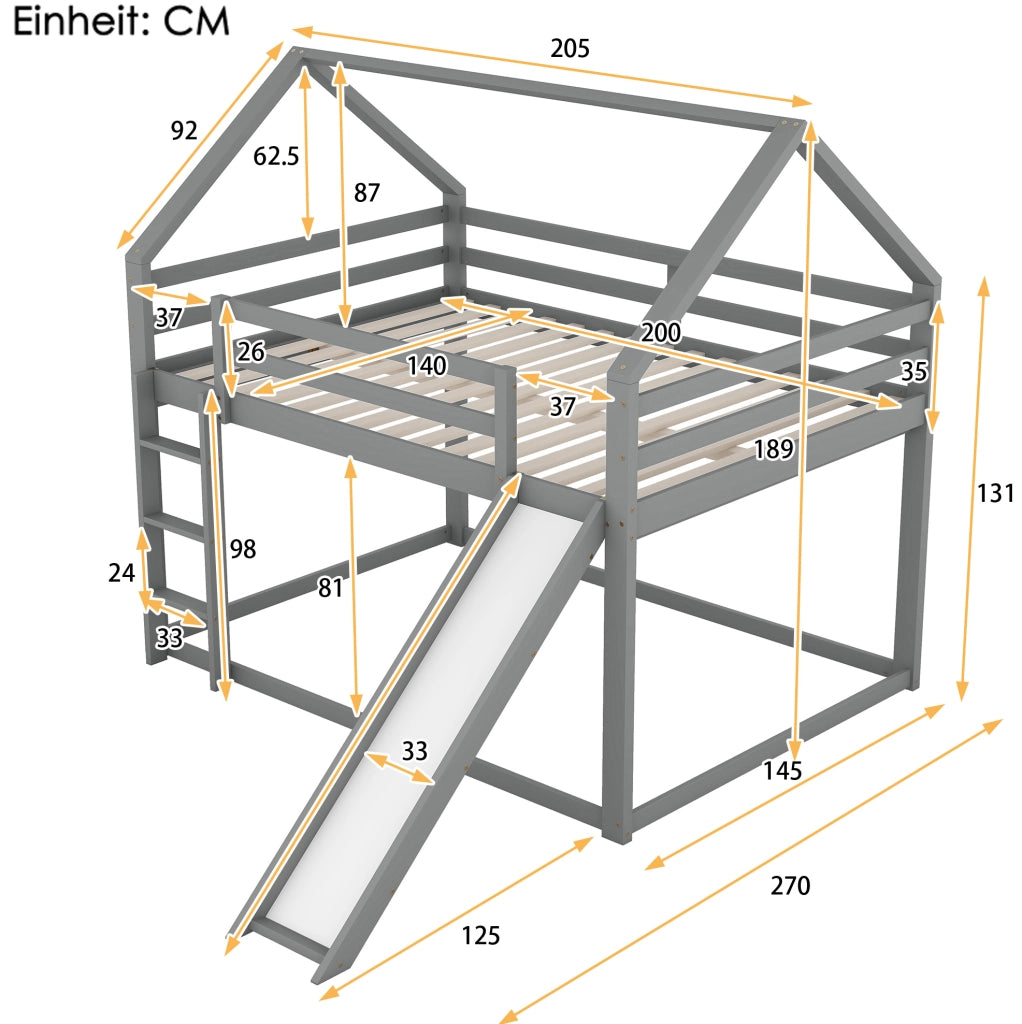 Letto a castello per bambini a forma di casetta con scivolo e scala; 2x 140x200 cm; grigio