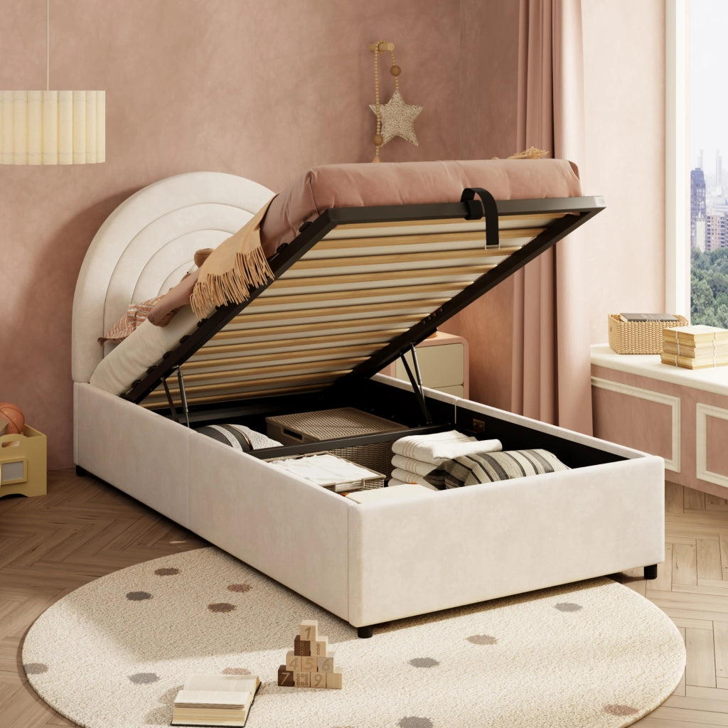 Letto singolo imbottito 90 × 200 cm con vano contenitore e testiera in velluto beige per cameretta