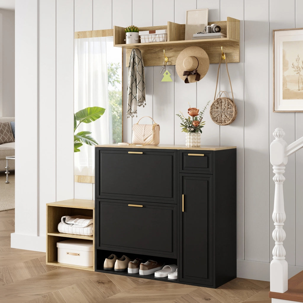 Set ingresso 4 pezzi con scarpiera, panca, appendiabiti da parete e specchio, design salvaspazio in colore Naturale + Nero