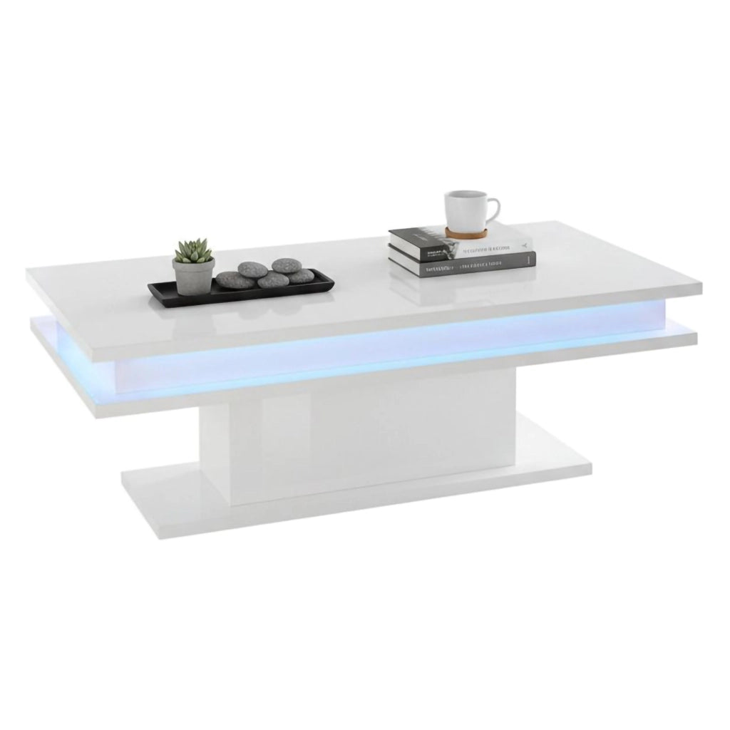 Tavolino da Aboronzi, Made in Italy, Tavolo basso da salotto portariviste, con luce LED, cm 100x55h42, Bianco lucido