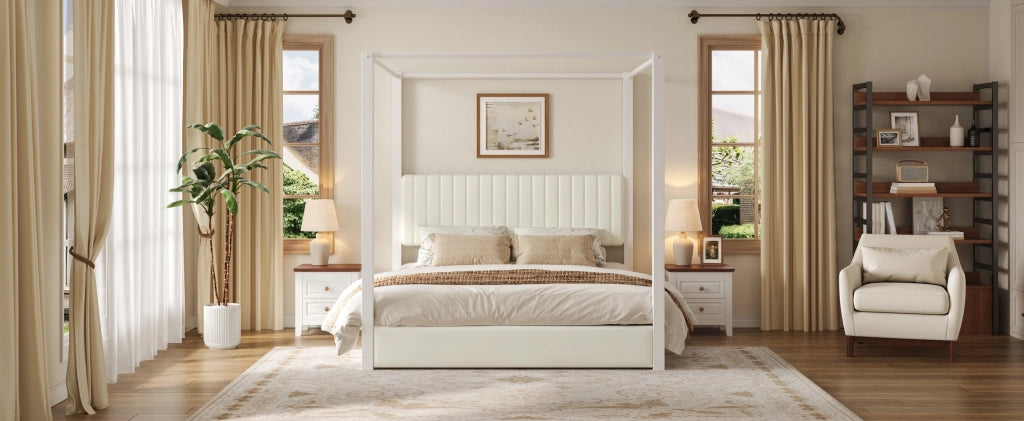 Letto matrimoniale 180 × 200 cm con struttura a baldacchino, testiera imbottita, senza materasso, in MDF e metallo, beige e bianco