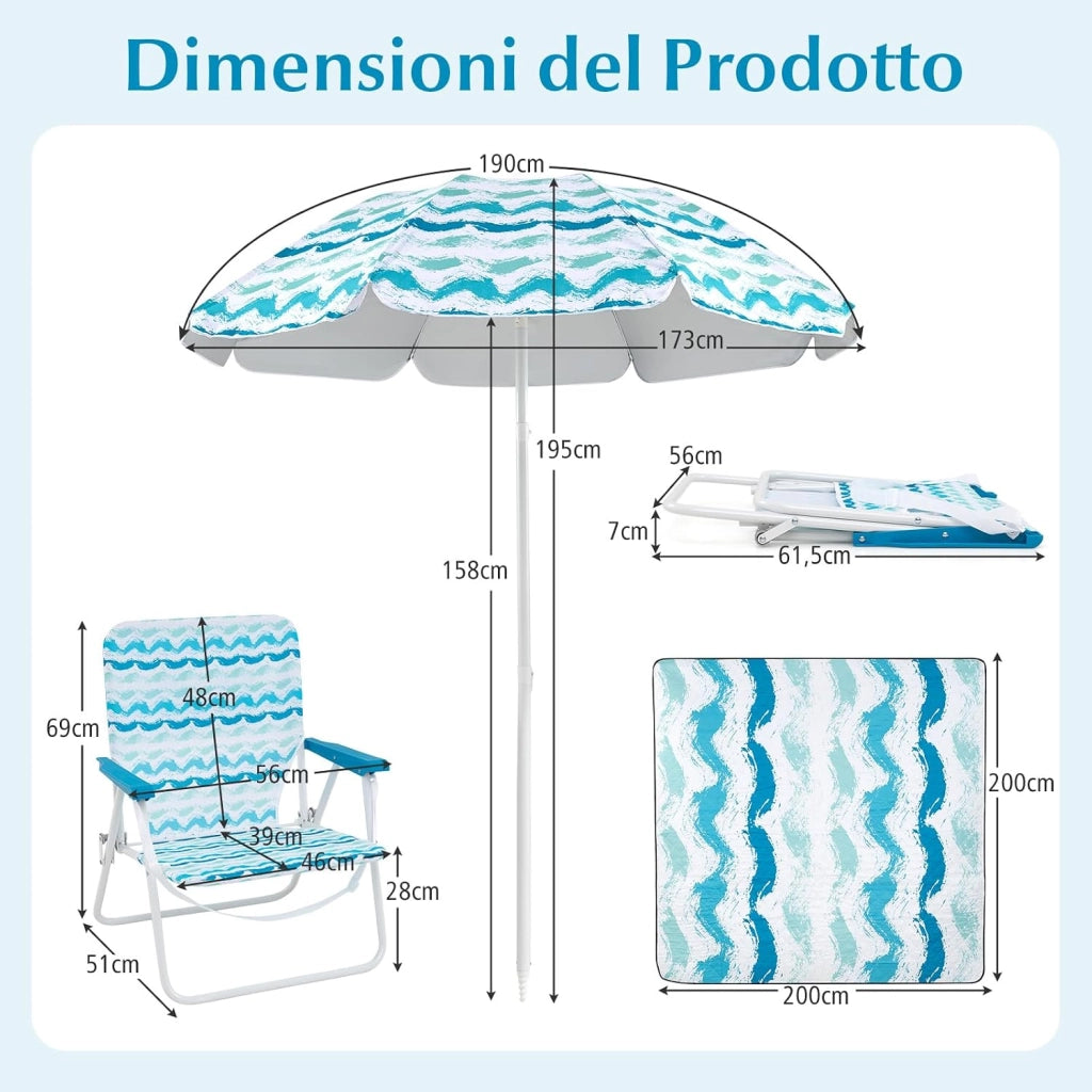 Set da Spiaggia di 4 Pezzi con Ombrellone, 2 Sedie Pieghevoli, Coperta da Picnic, Parasole Portatile per Esterni con Meccanismo di Inclinazione, Portabicchieri, Braccioli