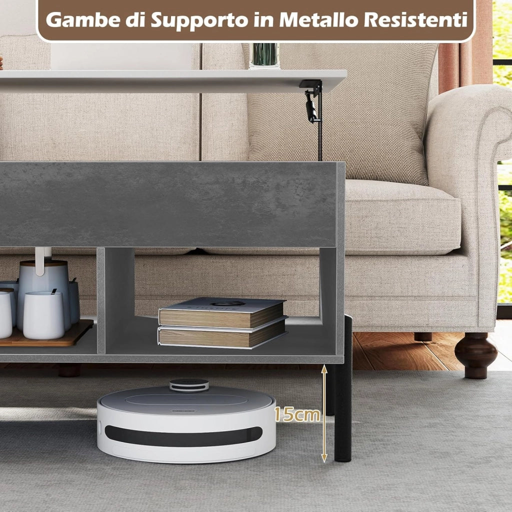 Tavolino da Caffè Sollevabile, Tavolo da Salotto con Piano Sollevabile, Ampio Comparto Nascosto, 3 Scomparti Aperti e Gambe in Metallo, Ideale per Salotto e Ufficio (Grigio)