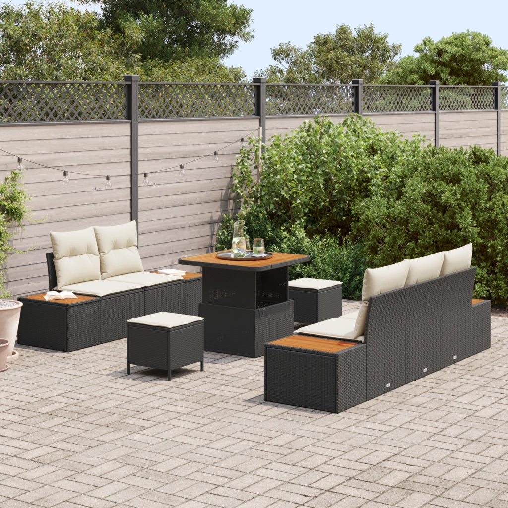 Set di SofÃ  da Giardino 8 Pezzi con Cuscini Nero Polirattan Acacia