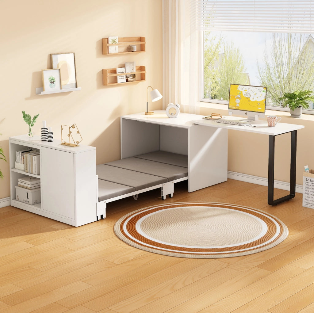 Scrivania con letto pieghevole 216x116x79 cm con ruote e spazio contenitivo in metallo e pannello truciolare bianco