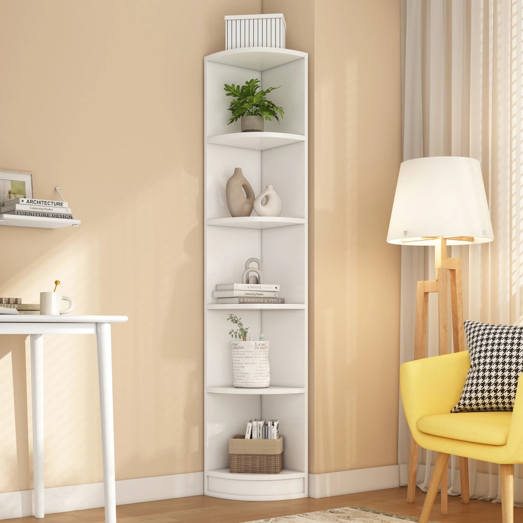 Libreria ad Angolo con 5 Ripiani; Design Triangolare Salvaspazio; Stile Moderno; in MDF; 42×30×180 cm; Bianco