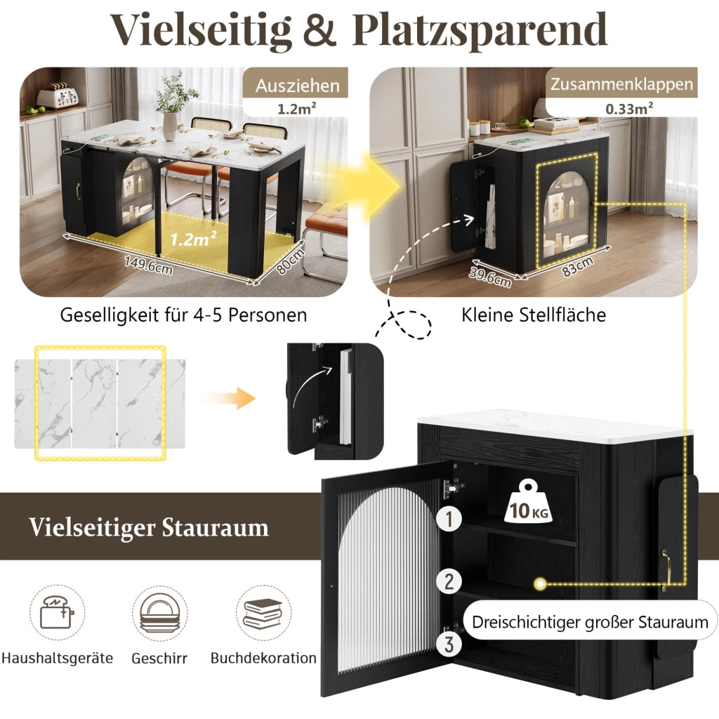 Tavolo da pranzo estensibile con isola e prese USB, bianco/nero