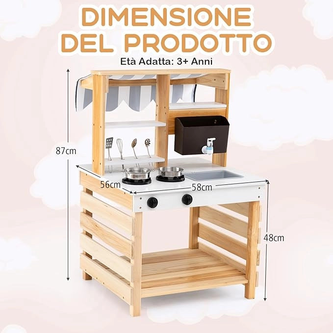 Cucina Giochi in Legno a Doppia Faccia, Cucina Giocattolo con Fornelli, Lavandino, Vaschetta per l'Acqua, Rubinetto, Set di Cucina per Esterni con Tetto, per Bambini dai 3+ Anni, 58 x 56 x 87