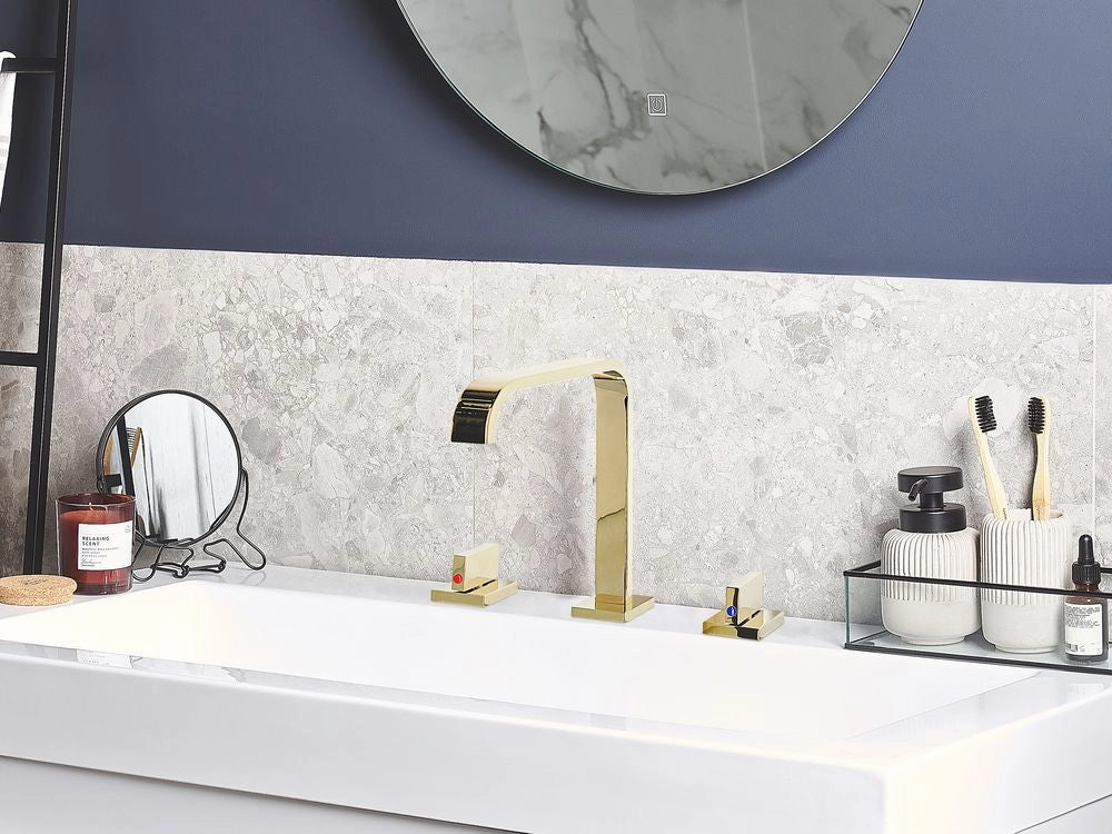 Miscelatore lavabo Rubinetto a doppia leva per bagno moderno in ottone lucido metallo dorato