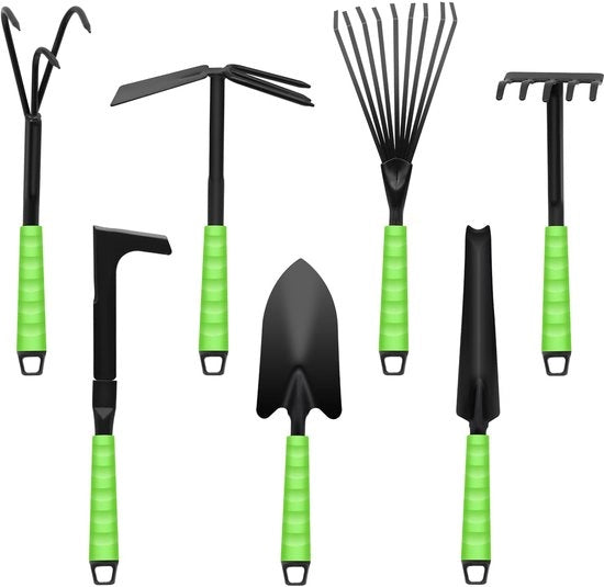 Set di attrezzi per giardinaggio, 7 pezzi, composto da vanga, badile a due manici, rastrello senza denti, falciatrice, vanga per fiori e pinza per giardinaggio Attrezzi per manutenzione della casa e giardino