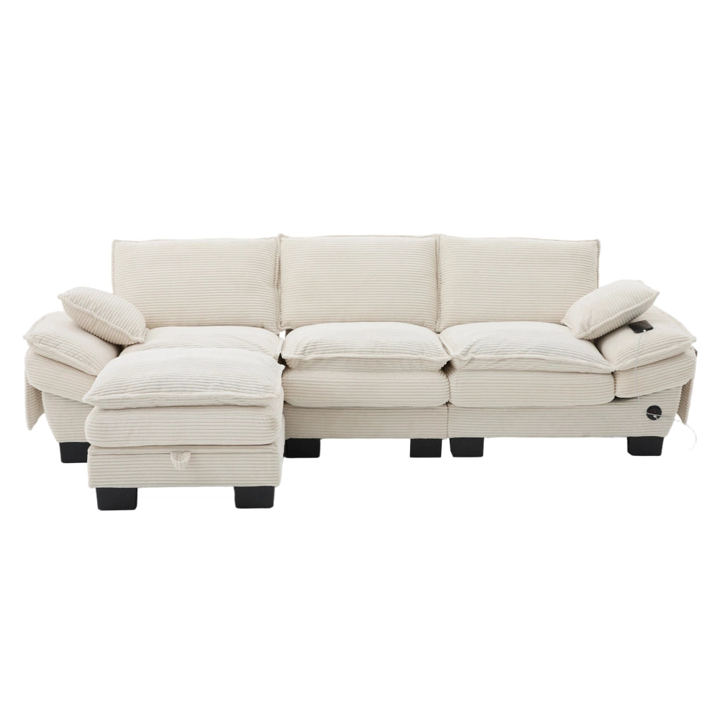 Divano modulare 3 posti con pouf contenitore in corduroy beige; 260 cm; con USB-C