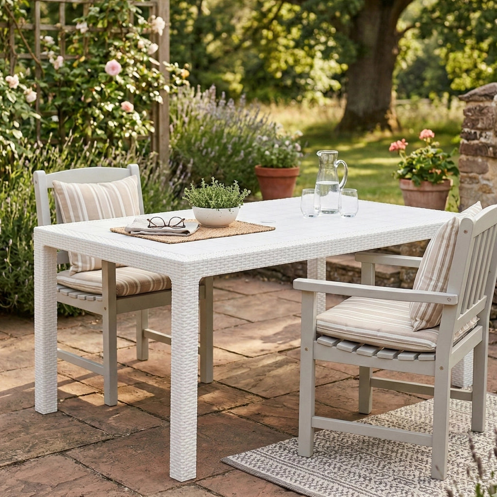 Tavolo da esterno Pickering, Base per picnic, Piano da pranzo da giardino, Banco outdoor multiuso, 95x161 h75 cm, Bianco