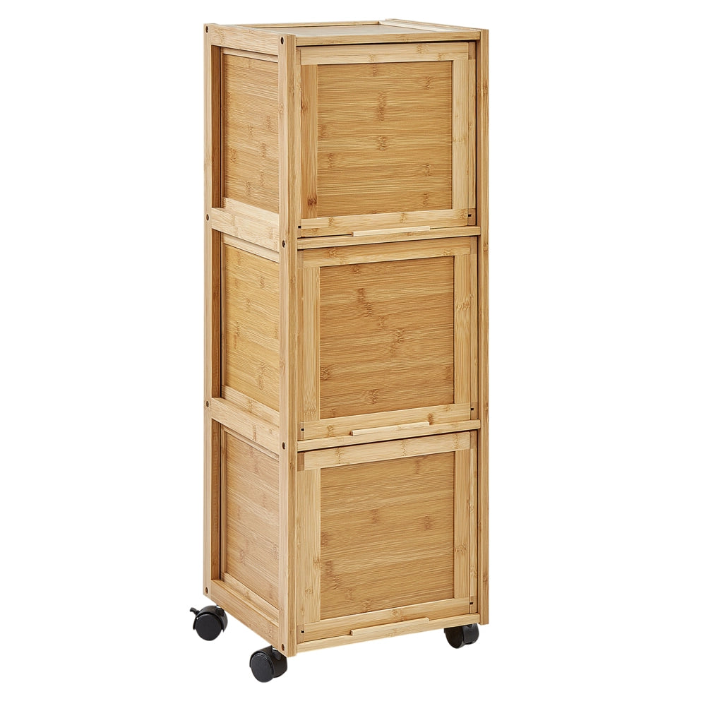 Armadietto da bagno a 3 cassetti marrone chiaro Bambù Ruote in gomma Stoccaggio bagno
