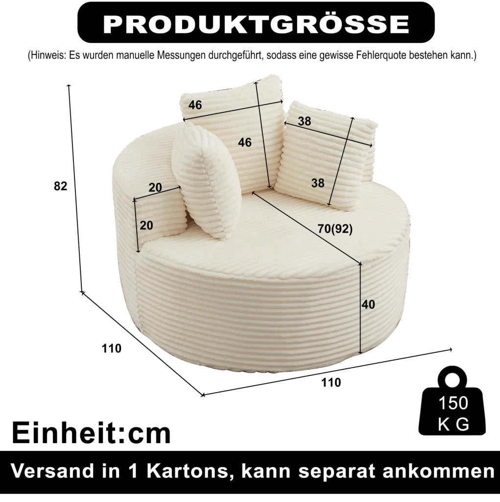 Poltrona lounge rotonda beige in velluto a coste con tre cuscini