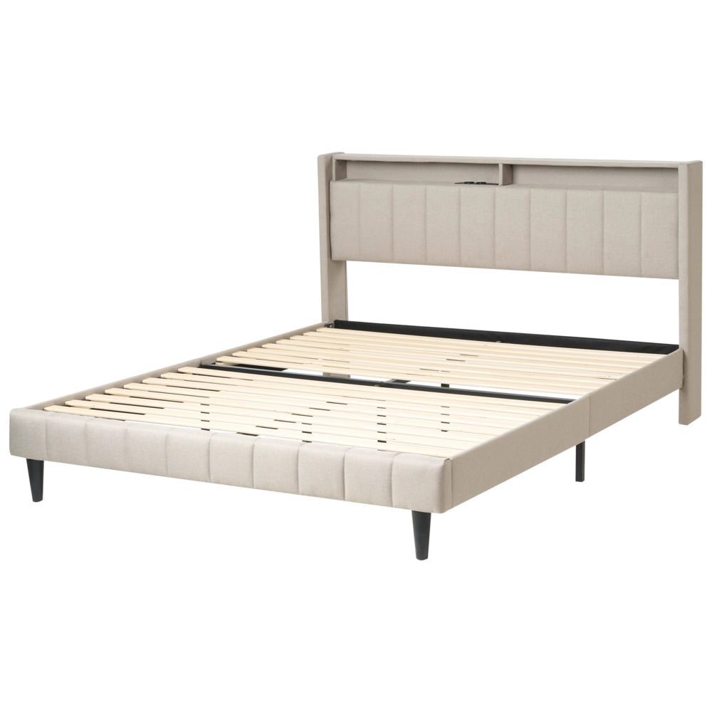 Letto matrimoniale LED Beige Tessuto EU Super King Size 160 x 200 cm Testiera imbottita con porta USB Desing moderno
