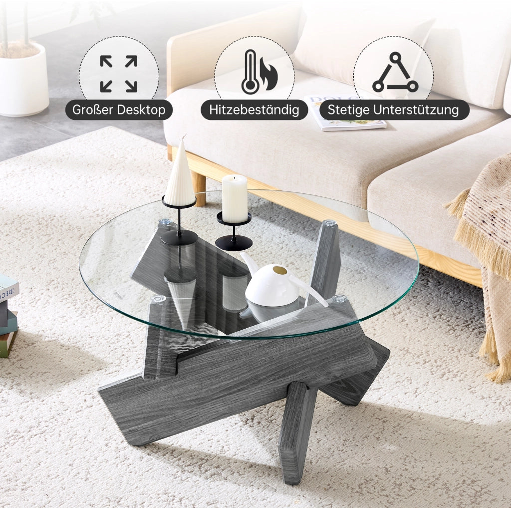 Tavolino da caffè rotondo ? 79 cm in vetro e MDF grigio; supporto incrociato