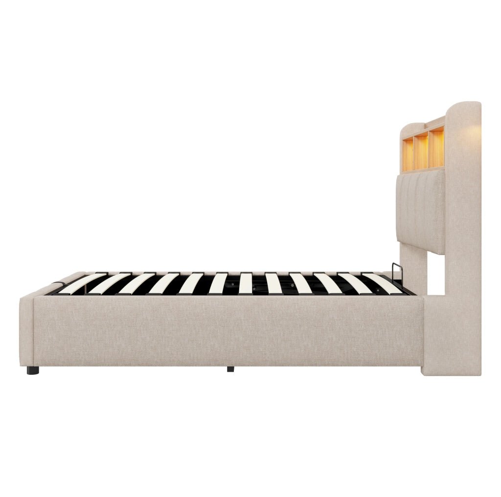 Letto imbottito con LED; USB e porta Type-C 90x200 cm in tessuto effetto lino beige