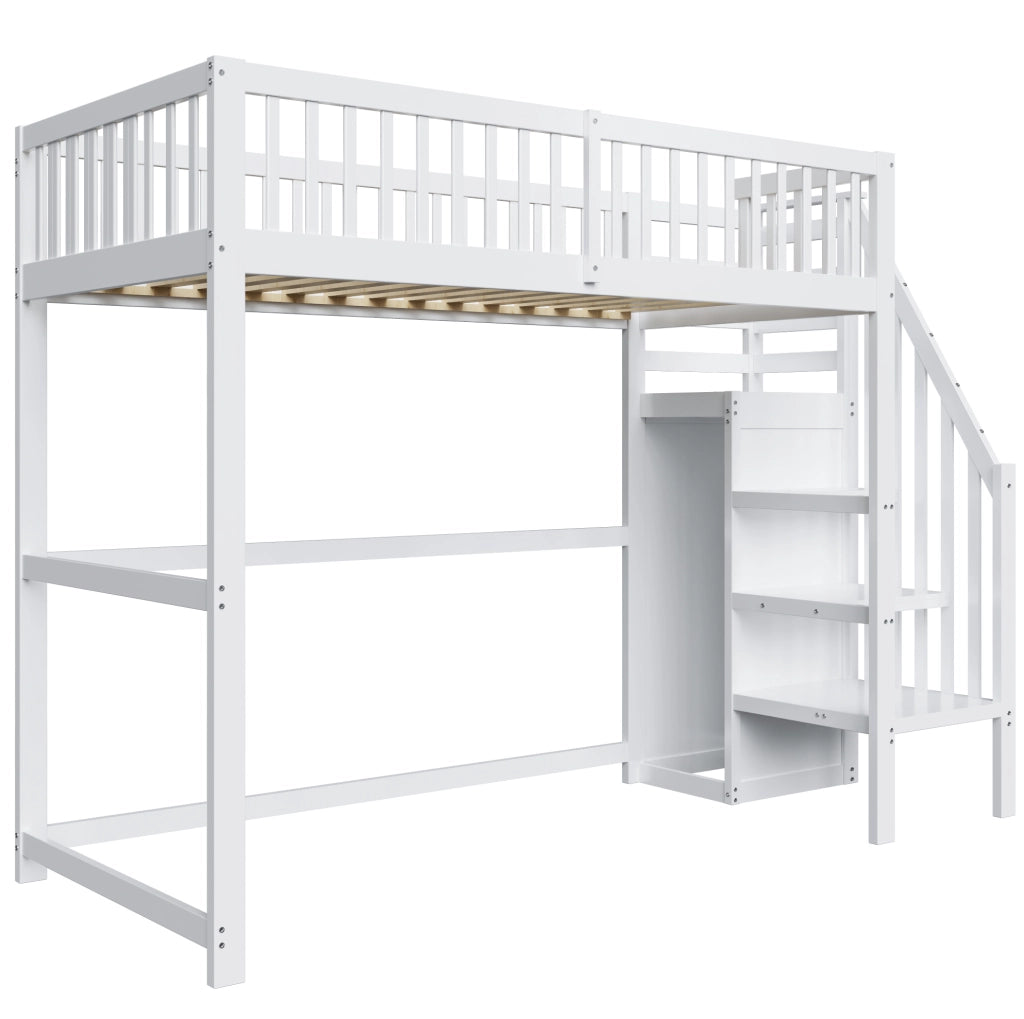 Letto a soppalco 90x200 cm con scala e armadio in legno bianco