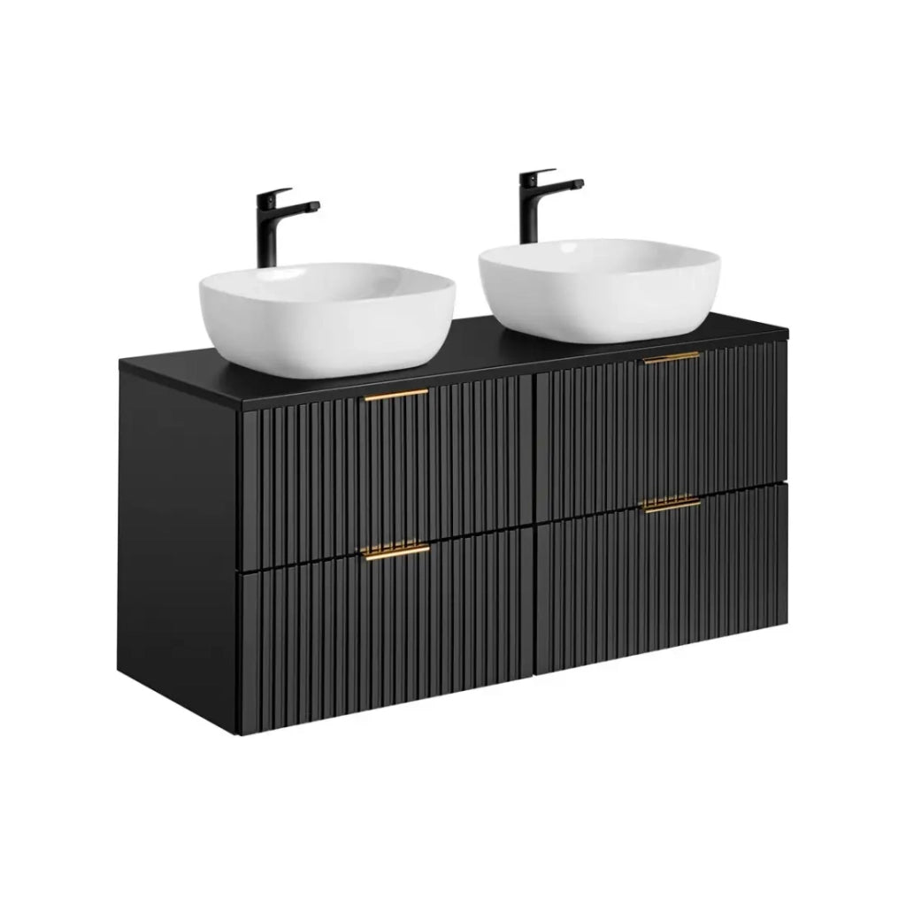 Grande mobile sotto lavabo NOXERA 120 cm – Nero opaco – 4 cassetti + 2 lavabi da appoggio