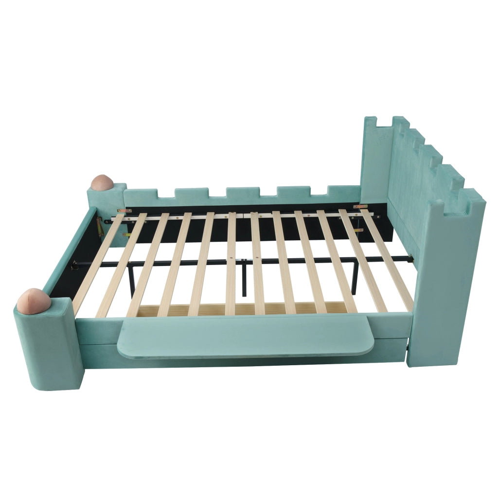 Letto imbottito 140x200 cm con sponda pieghevole e cassetto contenitore in velluto blu-verde