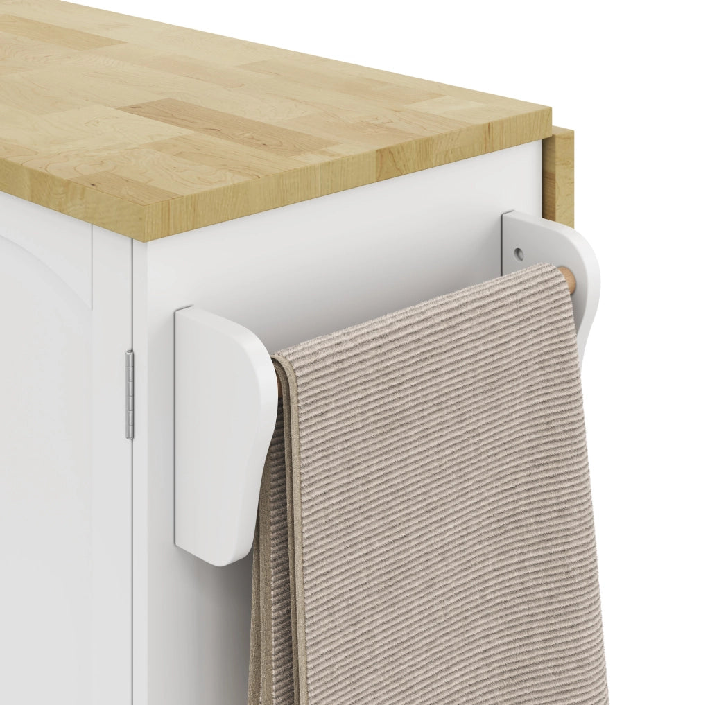 Isola da cucina mobile in MDF naturale e bianco con piano ribaltabile; 120 x 45/70 x 90 cm
