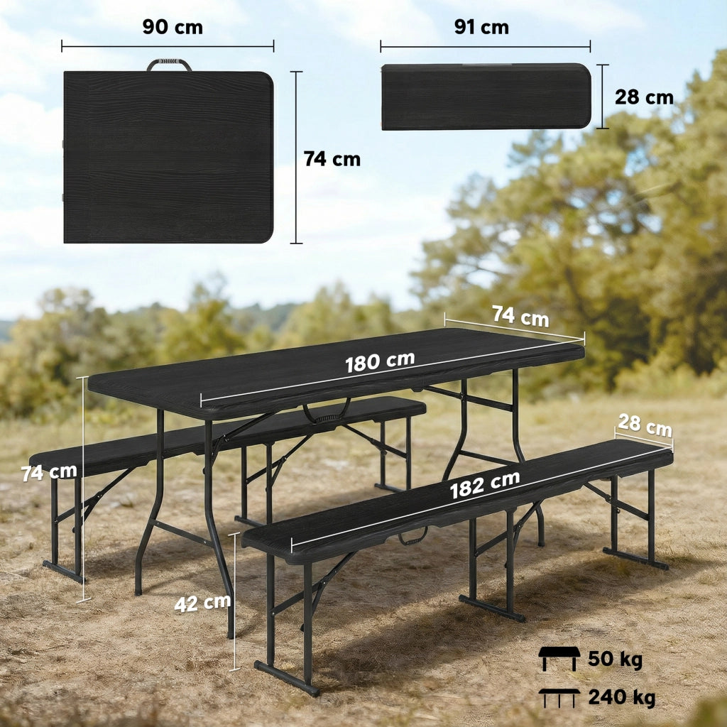 Tavolo pieghevole da giardino con panche ¨C zephmum ¨C nero, 180 cm