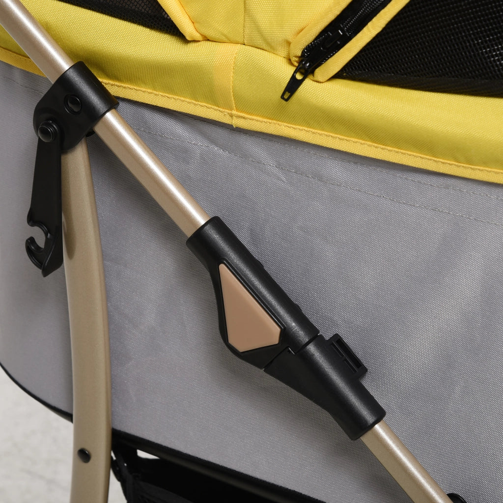 Carrello pieghevole 2 in 1 per cani e gatti con cesta e tasca, ruote con freno, guinzagli di sicurezza, acciaio, giallo