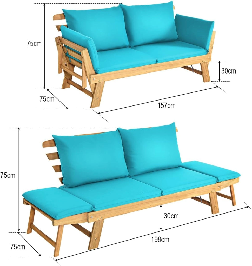 Divano Letto 2 Posti da Esterno in Legno di Acacia con Braccioli Regolabili, Sdraio da Giardino con Cuscini, Chaise longue Pieghevole per Giardino, Piscina, Cortile (Turchese)