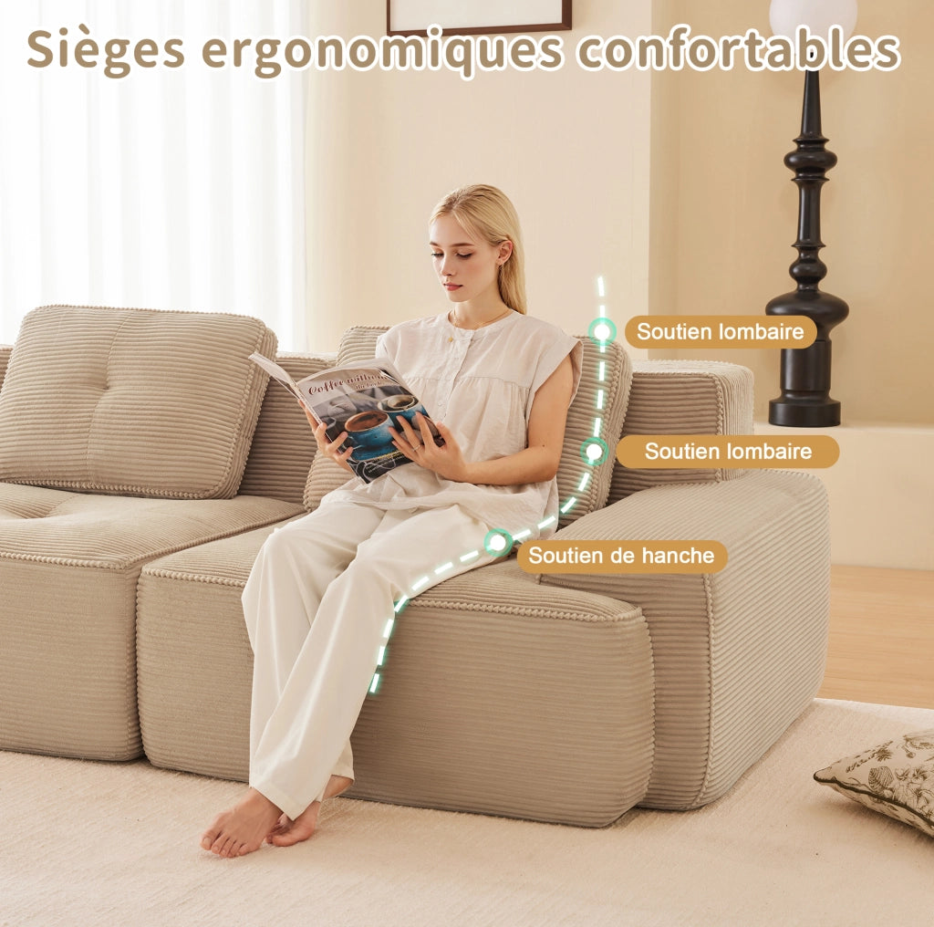 Divano modulare a L Cloud 3 posti in velluto beige con pouf, senza montaggio