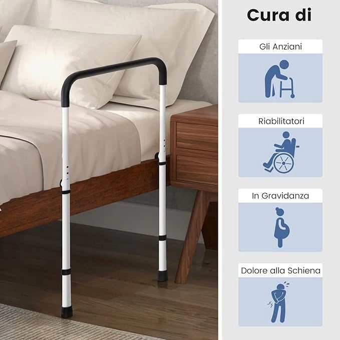 Barra di Supporto per Letto, Barra Regolabili in Lunghezza e Altezza, Sponda Letto Anziani in Metallo Ricoperti di Schiuma per Anziani, Bambini e Disabili, Portata 160 kg