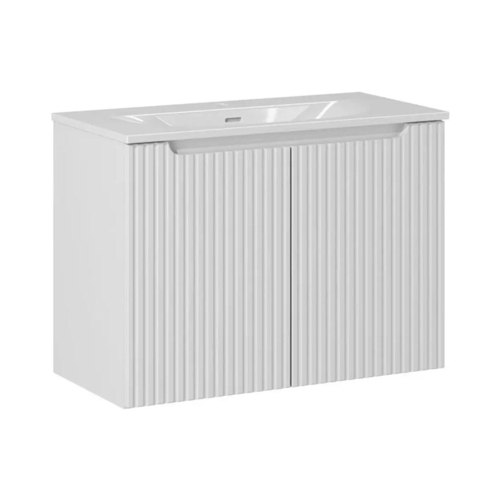 Set da bagno sospeso VANO bianco 80cm: mobile sotto lavabo con ante scanalate + lavabo incassato bianco