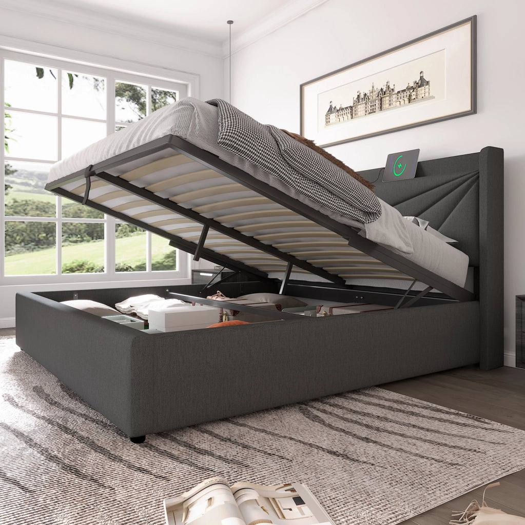 Letto matrimoniale contenitore 140x200 cm con USB e USB-C; cotone e lino; grigio