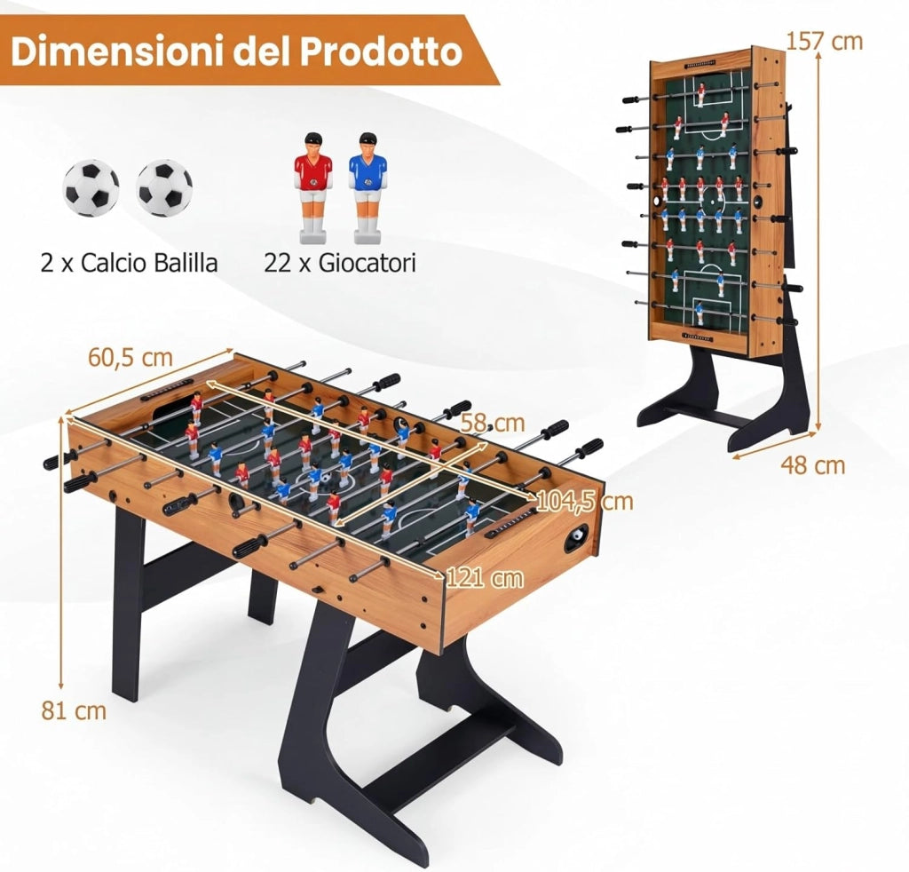 Calcio Balilla Professionale, Calcetto Balilla da Tavolo in Legno, Biliardino Pieghevole per Casa per 2-4 Bambini o Adulti, con 22 Giocatori 8 Aste 2 Palline e 2 Segnapunti