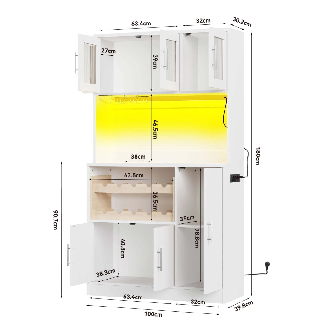 Credenza cucina 100x40x180 cm con LED RGB; presa integrata e vetro zigrinato in MDF bianco