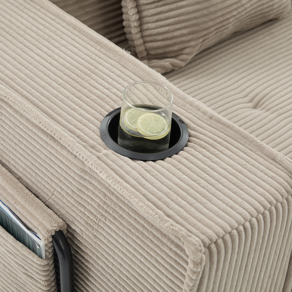 Pouf divano modulare in corduroy con due cuscini, tasche laterali e seduta ergonomica