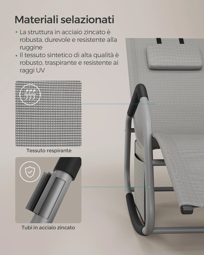 SONGMICS Sedia a Dondolo, Sedia a Sdraio con Fermi Antiribaltamento, Cuscino Regolabile, Telaio in Acciaio, Tessuto Respirante, Tasca Portaoggetti, 156,2 x 97,3 x 151 cm, Grigio Tortora GCB230G01