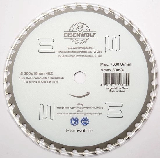 Lama circolare premium 200 mm per legno con 40 denti inclinati TCT e riduzione del rumore