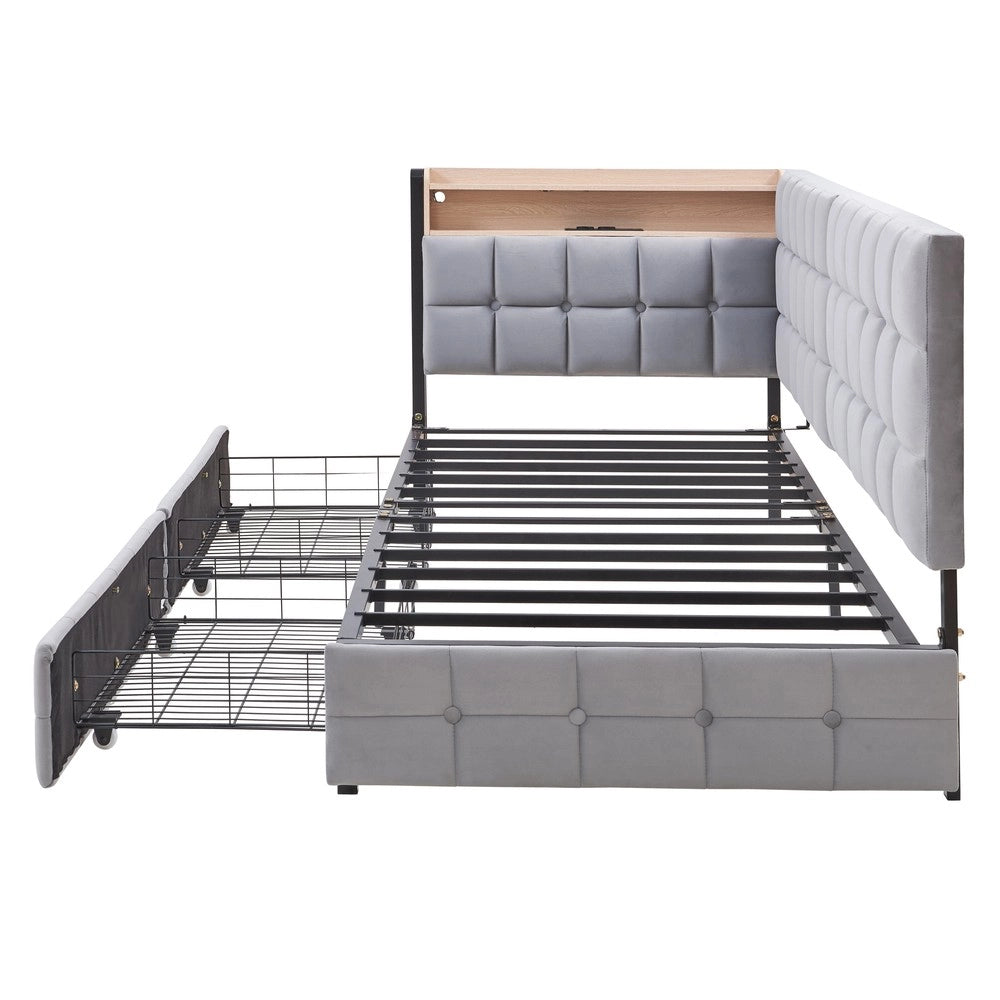 Letto Singolo Imbottito con Cassetti e LED ¨C MINIMAL ¨C Grigio 90x200