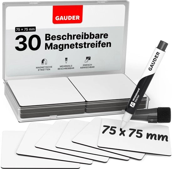 Etichette magnetiche descrittrici - Tavole magnetiche riutilizzabili per lavagne, lavagne scolastiche, tavole Kanban e frigoriferi - Carte magnetiche con pennarelli (30 pezzi - 75 x 75 mm)