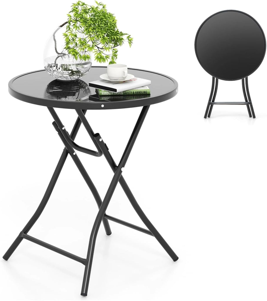 Tavolo Rotondo da 59 cm, Tavolino Pieghevole per Giardino con Piano in Vetro Temperato, Struttura Metallica Robusta, per Esterni per Terrazzo, Balcone, Giardino, Piscina