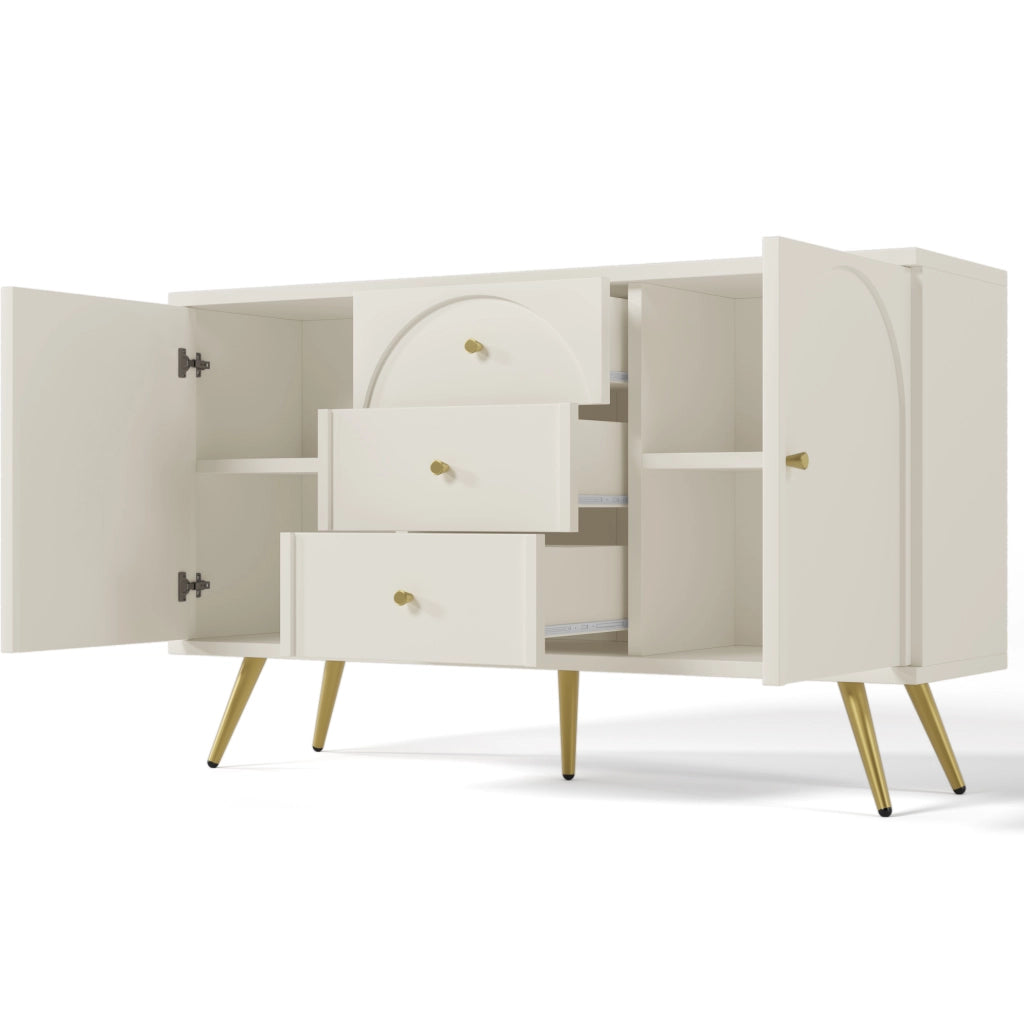 Credenza ULEVR 140x40x84 cm con 2 ante, 3 cassetti e ripiani regolabili, bianco crema