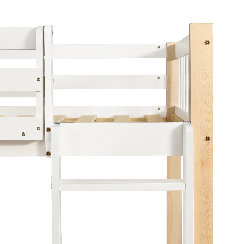 OKWISH Letto a Castello 90×200 cm, Letto Singolo con 6 Mensole, Armadio Laterale e Scala a 4 Gradini, senza Materasso, Bianco e Naturale