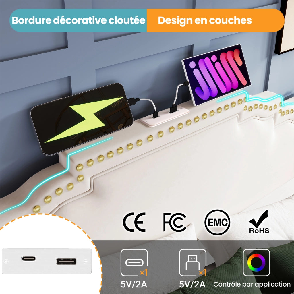 Letto Contenitore 160x200 cm - 4 Cassetti; LED; USB e Type-C - in Velluto - Beige