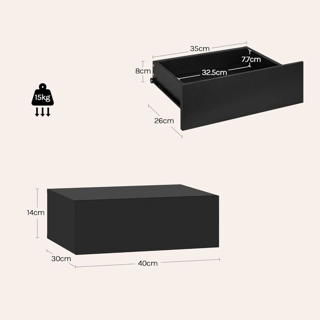 Set di 2 Comodini Galleggianti, Comodini a Parete Neri con Cassetto, Mensole da Letto, Mobili da Camera da Letto in Legno, NTS24sz-2