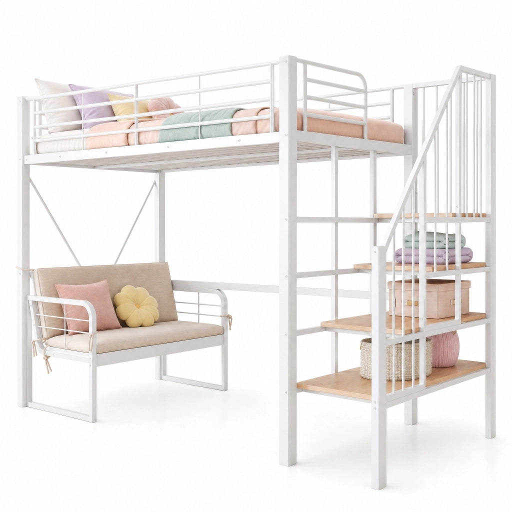 Letto a castello 90x200 cm in metallo con divano e scala contenitore