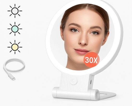 Specchio con luce 30x, ingrandimento, illuminato, ricaricabile, borsa di stoccaggio pieghevole